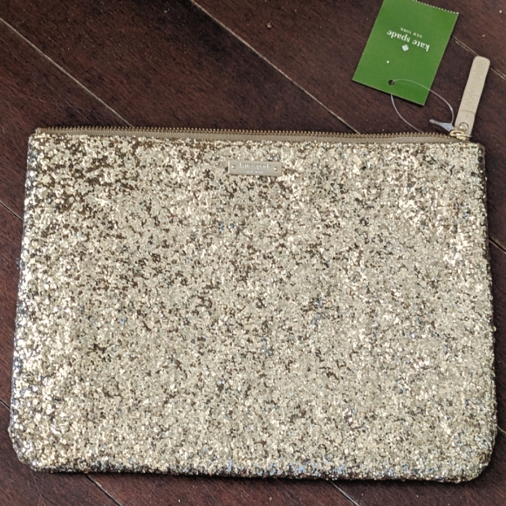 Kate Spade Gia gold sparkle glitter zipper clutch purse